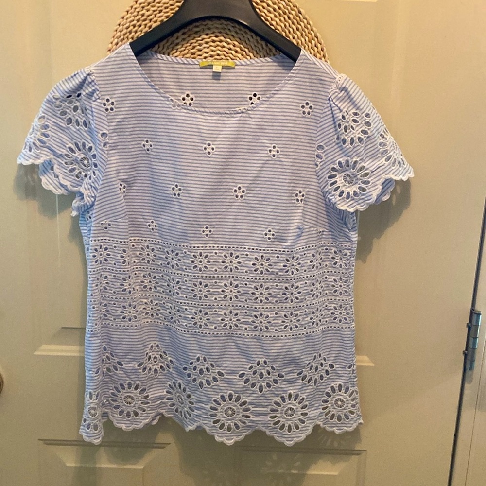 Gianni Bini 100% Cotton Eyelet Striped Embroidered Top Cap Sleeve Women L